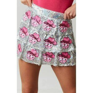 Disco Cowgirl Disco Ball and Hat Patch Sequin Mini Skirt